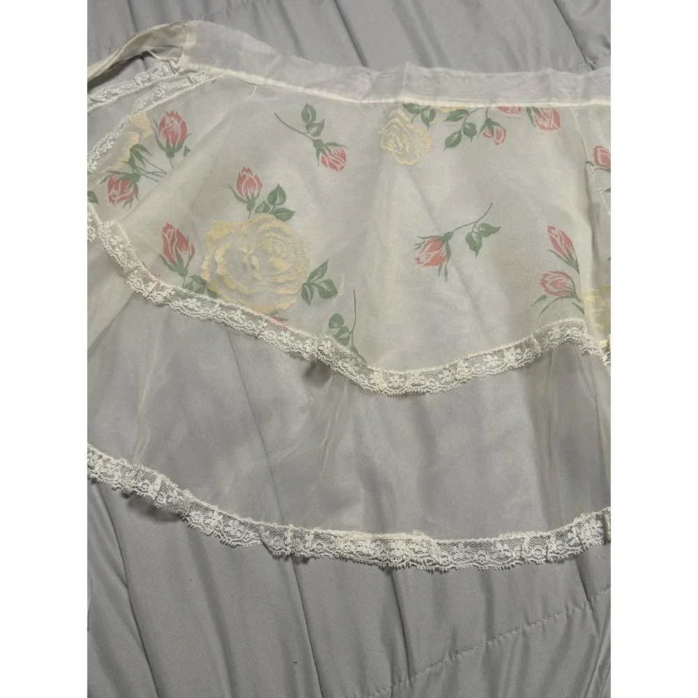 Vintage Busy Hour Aprons Sheer Floral Organza Lace Trim Half Apron Set of 2